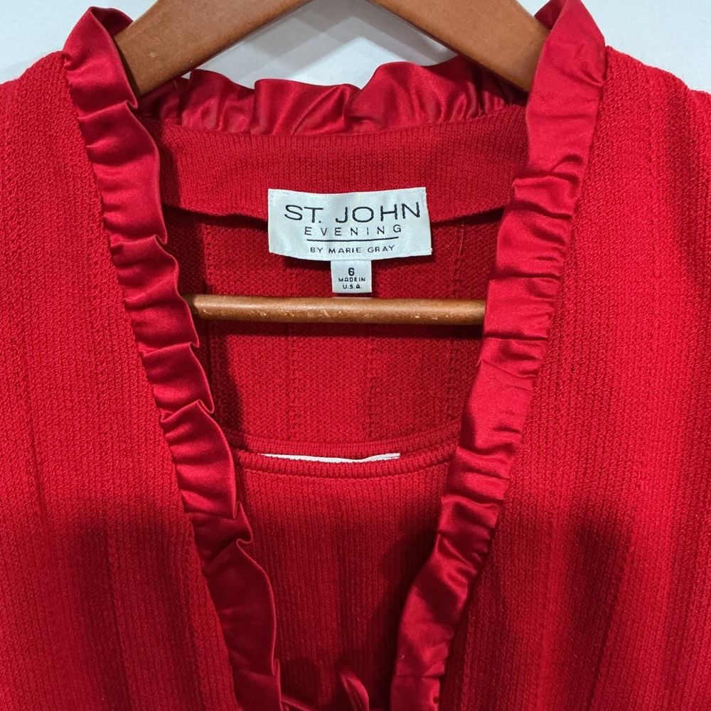 St. John Evening Knit Cardigan Set, Ruffle Trim And Tie Closure, Red, 6 - Picture 3 of 16